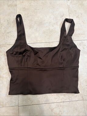 Wilfred Chocolate Brown Square-Neck Satin Crop Tank